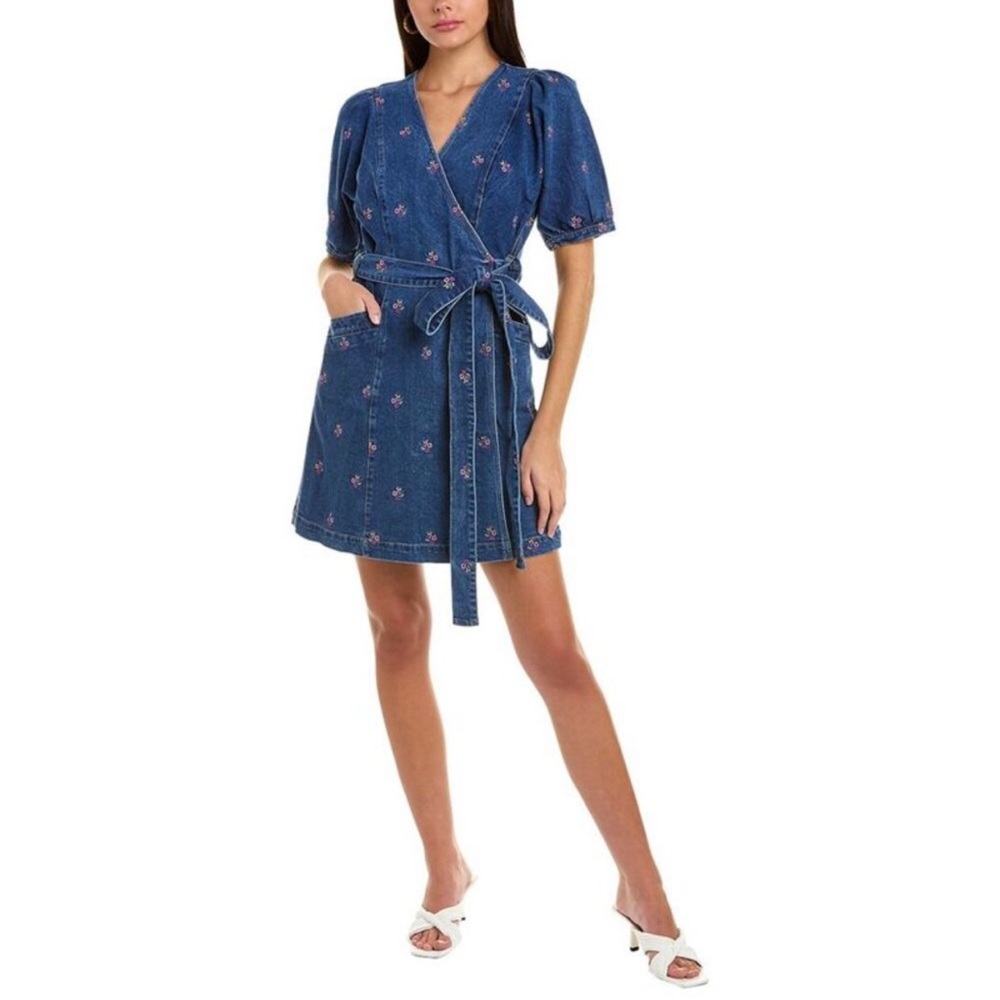 Draper James Embroidered Floral Denim Warp Dress Puff Sleeve Size 8